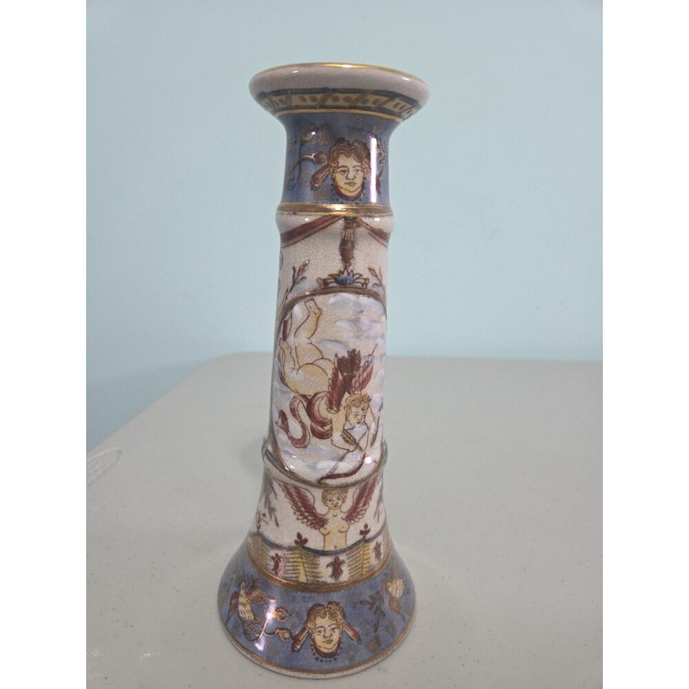 Handpainted vintage candlestick holder angels cherub